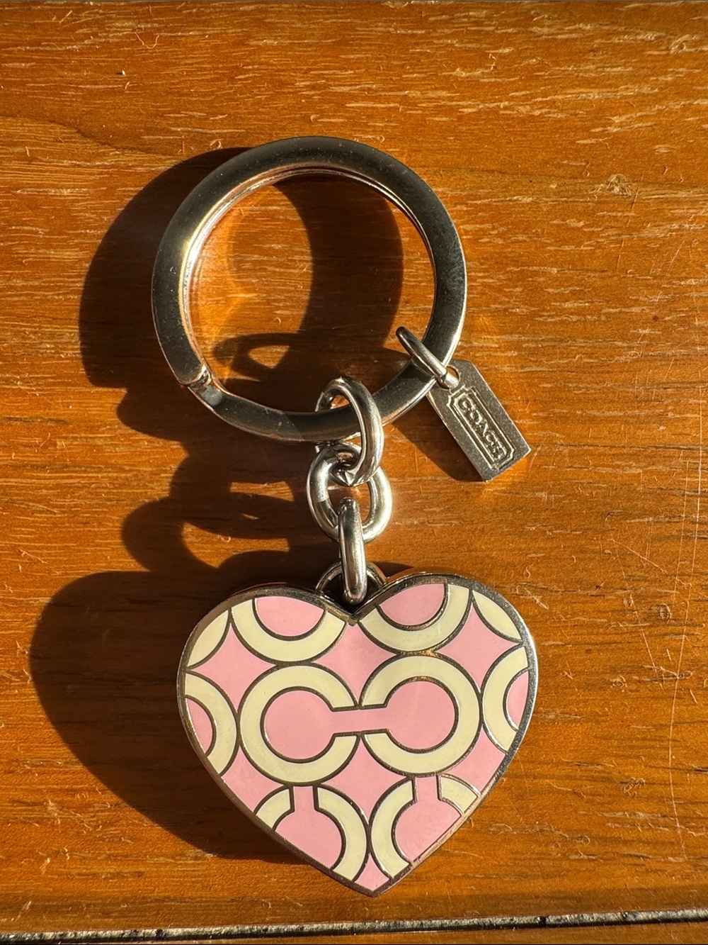 Coach Pink & Cream Heart Locket Keyring with Signature Motif